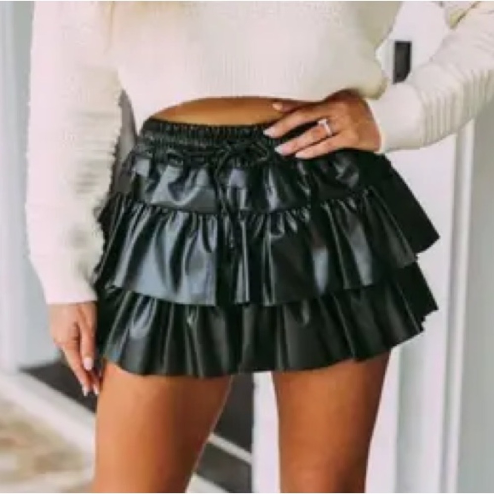 Day + Moon Black Ruffled Leather Skirt